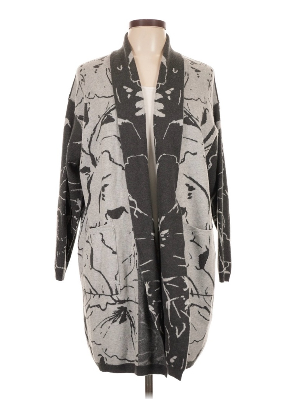 Liverpool Gray and Charcoal Floral Open-Front Cardigan